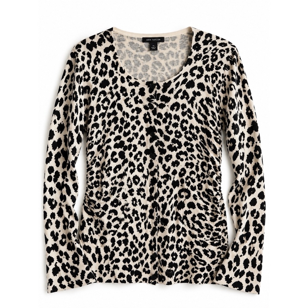 Ann Taylor Leopard Silk Cashmere Cardigan Ruched Animal Print Size XL Sweater